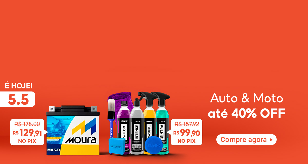 É hoje 5 do 5 auto & moto até 40 por cento off. compre agora Bateria Moura MA5D de 178 por 129,91 no pix.  Kit Shampoo V-Floc de 157,92 por 99,90 no pix.