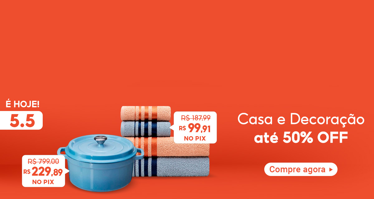 é hoje 5 do 5. casa e decoração até 50 por cento off. compre agora. Mollycook Panela Caçarola (Azul-24cm 3-5 pessoas) 799 por 229,89 no pix . Jogo de Toalhas (SALMAO AZUL) de 187,99 por 99,91 no pix.