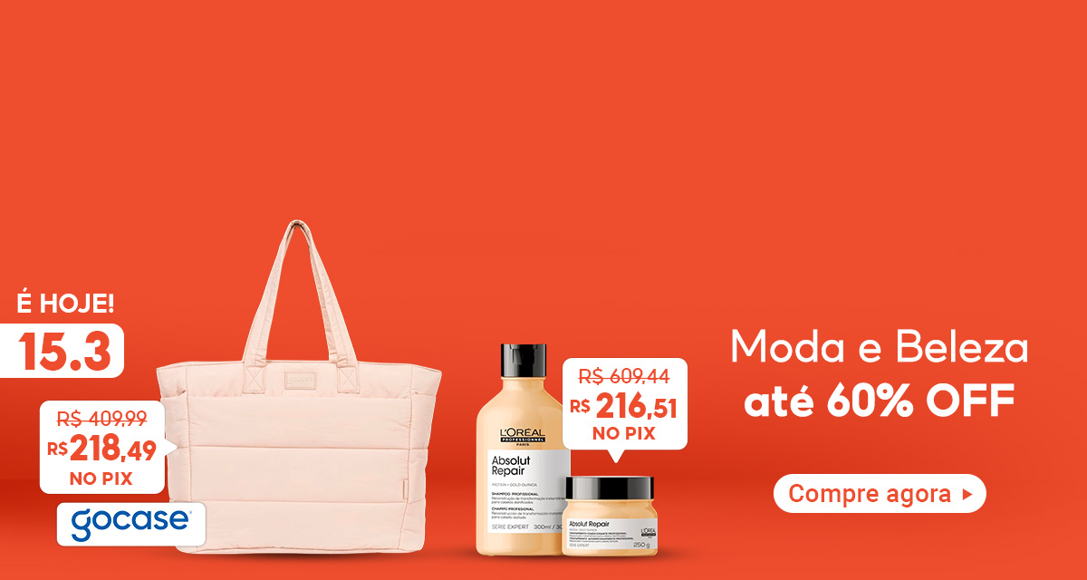 É hoje 15 do 3. Moda e Beleza até 60 por cento OFF. Compre agora. Bolsa Tote Puffer Gocase de 409,99 reais por 218,49 reais no pix. Kit Loréal Profissionnel Gold Quinoa de 609,44 reais por 216,51 reais no pix.