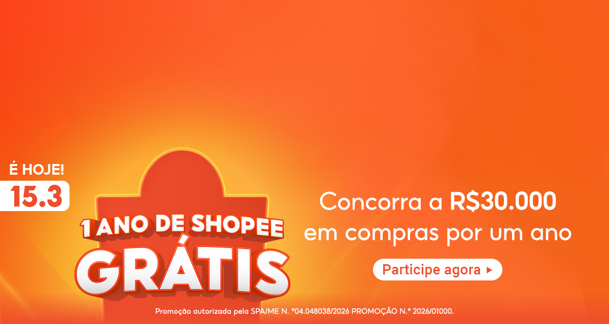 É hoje 15 do 3. 1 ano de Shopee Grátis. Concorra a 30 mil reais em compras por um ano. Participe agora. Promoção autorizada pela SPA/ME NÚMERO 04.048038/2026 PROMOÇÃO NÚMERO 2026/01000. 