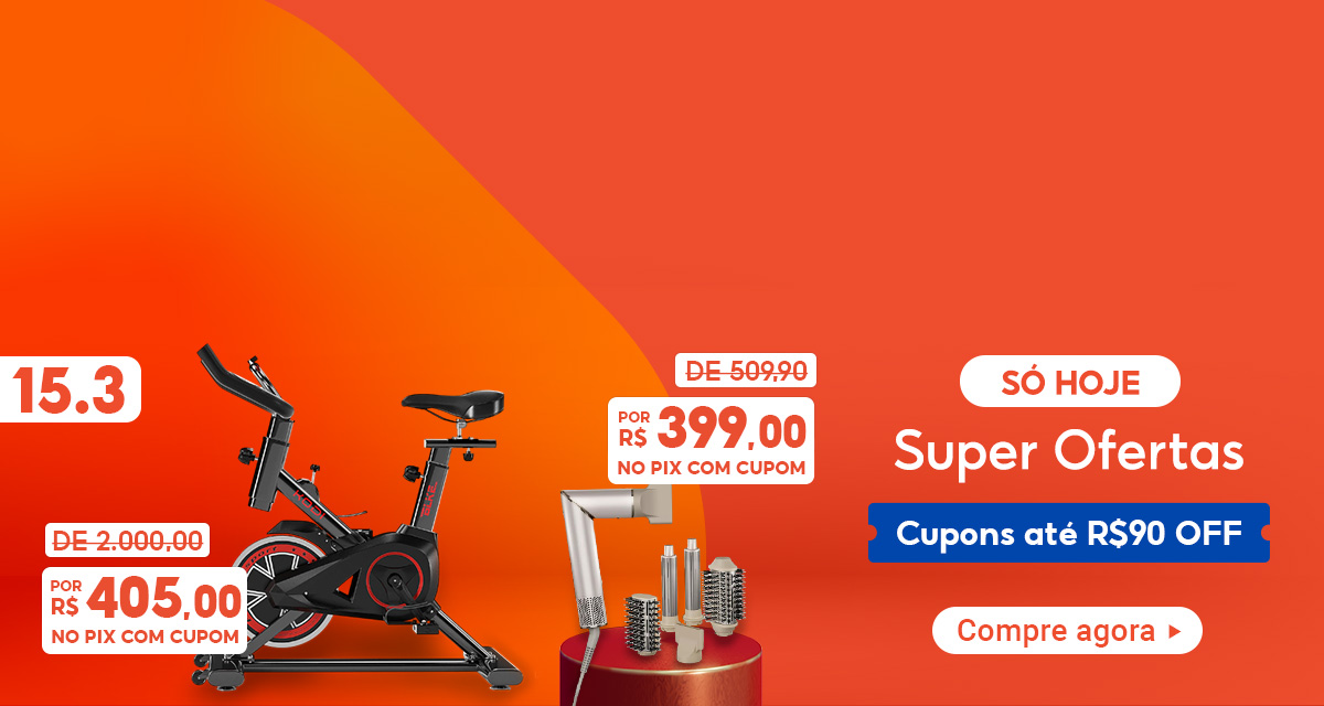 15 do 3. Só hoje. Super Ofertas. Cupons até 90 reais off. Bicicleta ergométrica. De: R$2.000 por R$405 no pix com cupom. Secador de cabelos. De R$509,90 por R$399 no pix com cupom. Compre agora