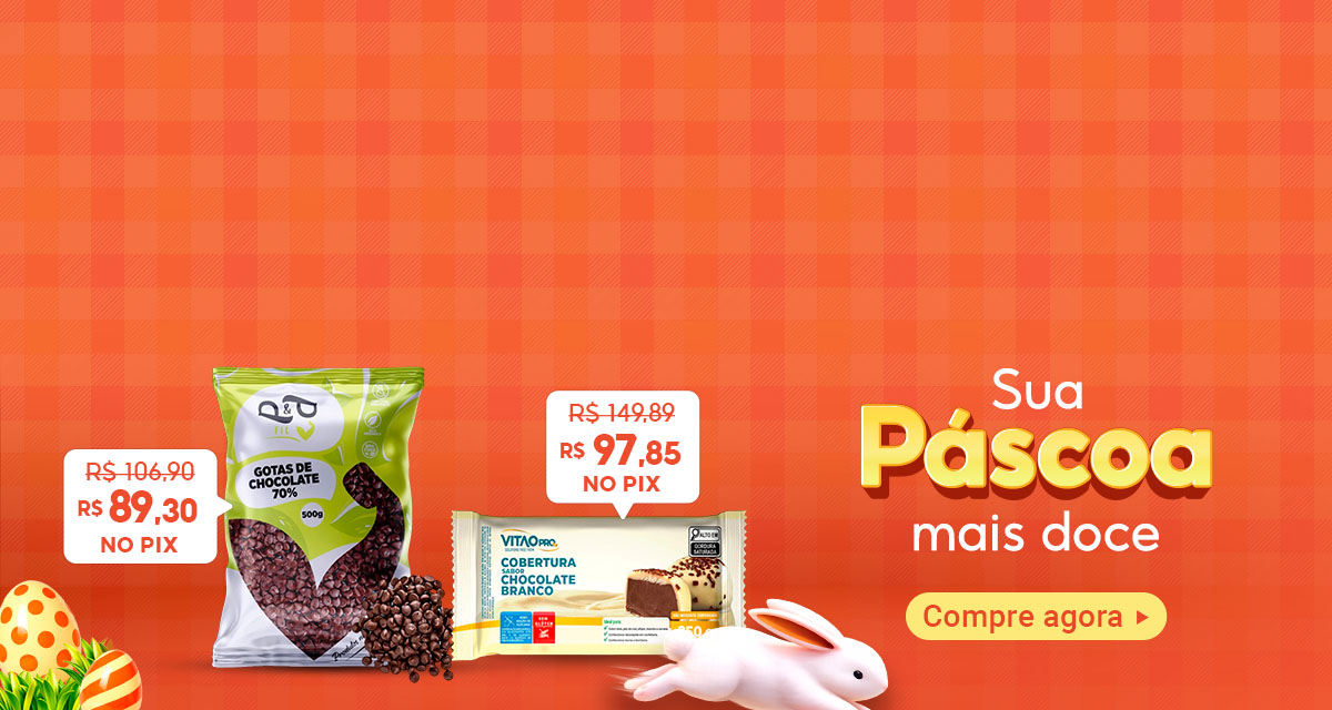 Sua páscoa mais doce. Kit Cobertura Sabor (Saudável). De 149,89 por 97,85 no pix. Gotas de Chocolate. De 106,90 por 89,30 no pix. Compre agora.