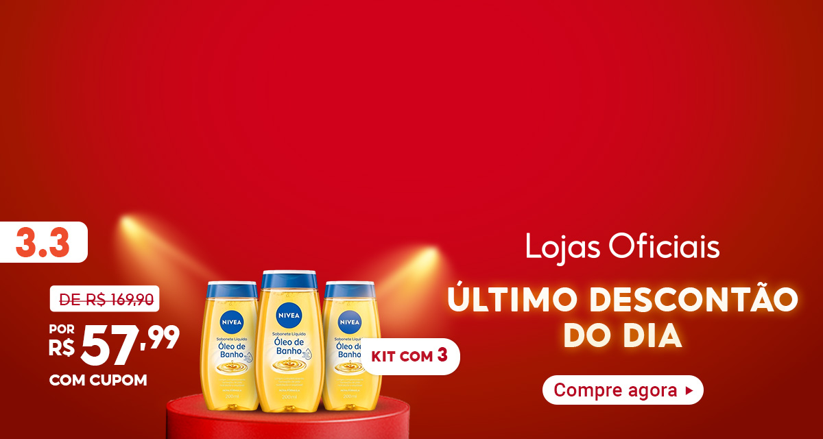 3 do 3. lojas oficiais. último descontão do dia. compre agora. kit com 3 NIVEA Sabonete Líquido Óleo de Banho de 169,90 reais por 57,99 reais com cupom.