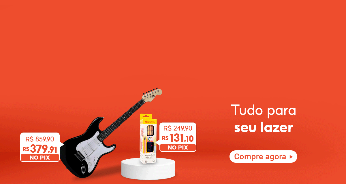 tudo para seu lazer. Guitarra Elétrica Stratocaster de 859 reais e 90 centavos por 379 reais e 91 centavos. Caneta Extrafina Microline de 249 reais e 90 centavos por 131 reais e 10 centavos. compre agora.