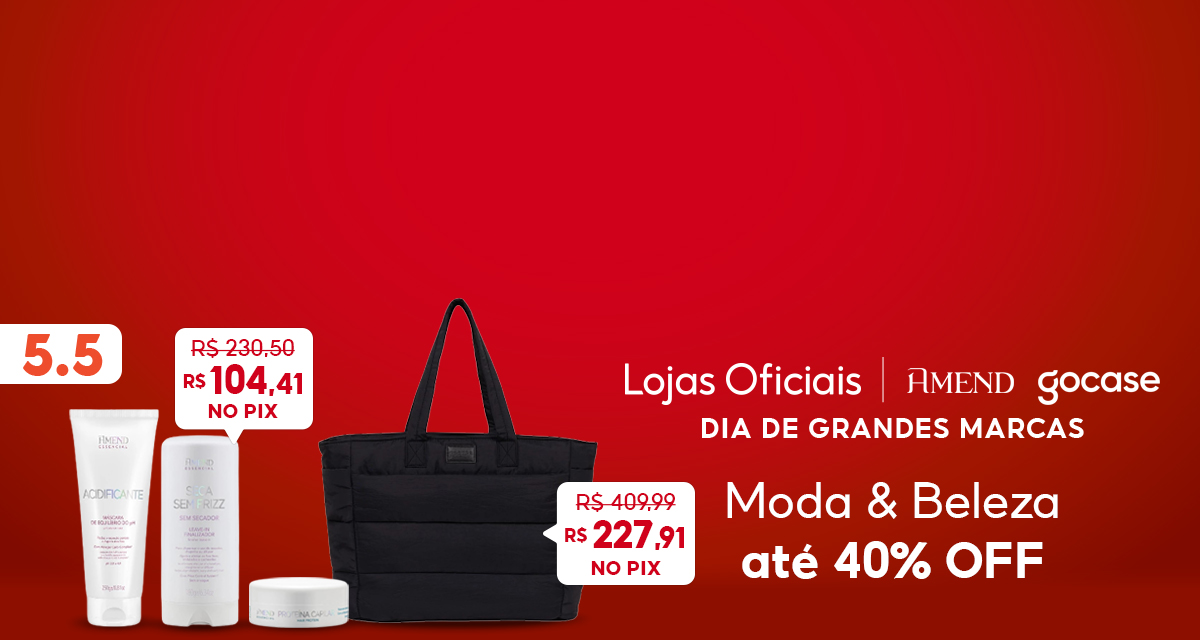5 do 5. Lojas Oficiais. Amend. Gocase. Dia de grandes marcas. Moda e beleza até 40 por cento off. Amend Kit Essencial de 230,50 reais por 104,41 reais no pix. Bolsa Tote Puffer de 409,99 reais por 227,91 reais no pix. 