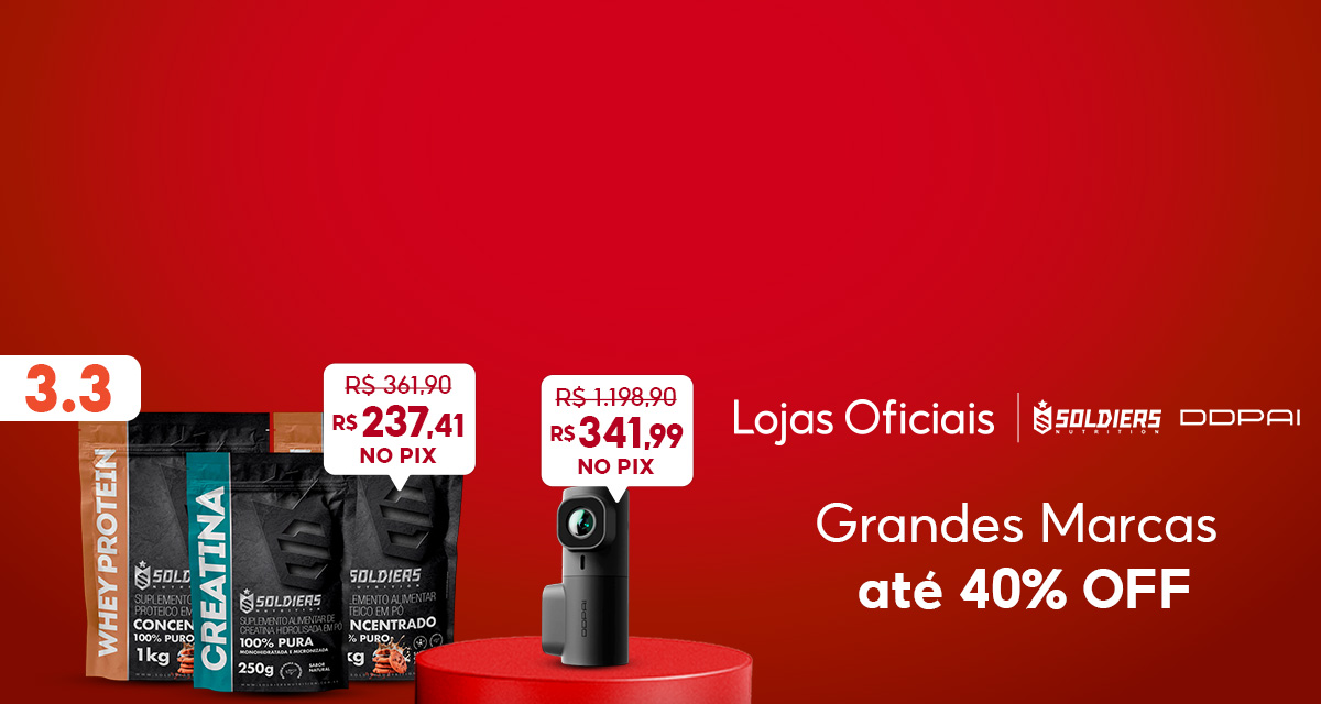 3 do 3. Lojas oficiais. Grandes marcas até 40 por cento off. Kit Whey Protein de 361,90 reais por 237,41 reais no pix. DDPAI MINI de 1198,90 reais por 341,99 reais no pix. 