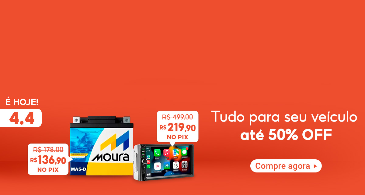 É hoje! 4 do 4. Tudo para o seu veículo até 50 por cento off. Multimídia. De 499 por 219,90 no Pix. Bateria Moura. De 178 por 136,90 no Pix. Compre agora.