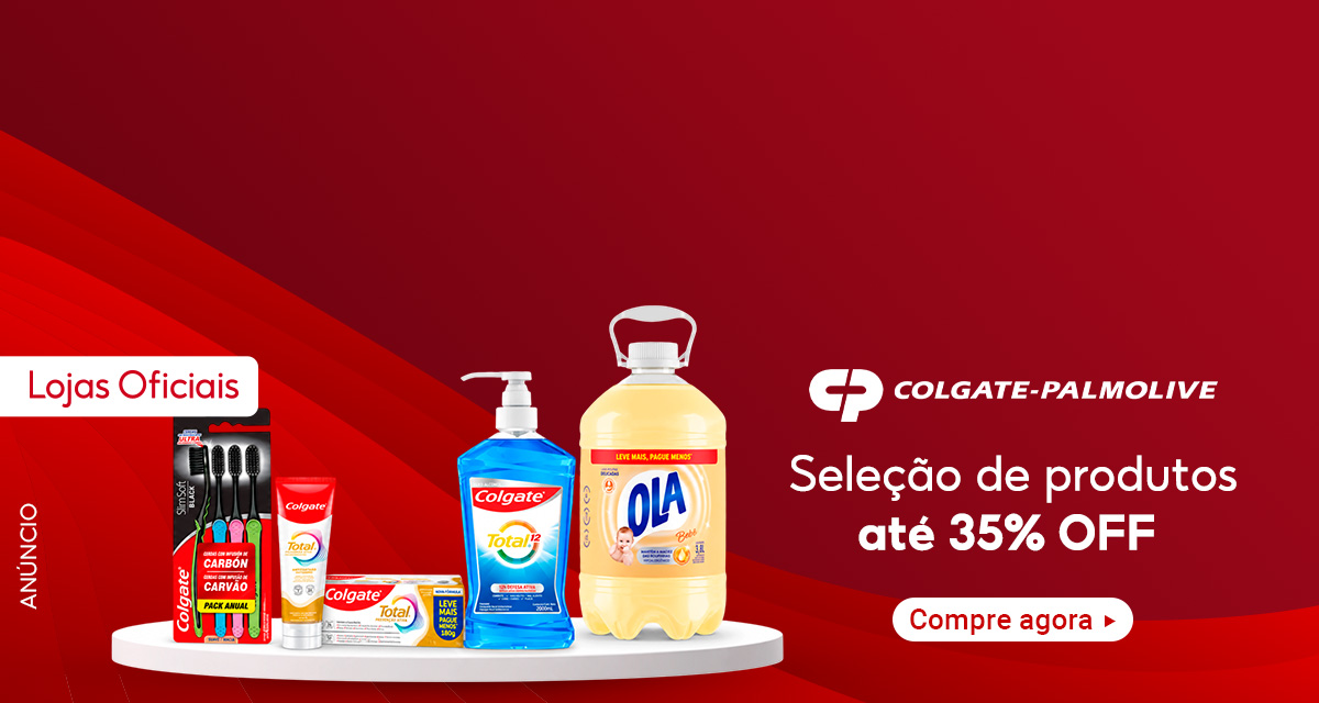 Lojas Oficiais. Colgate-Palmolive: Seleção de produtos até 35 por cento off. Inclui escovas de dente Colgate Slim Soft Black pack anual, creme dental Colgate Total, enxaguante bucal Colgate Total 12 e sabão líquido Ola Baby. Compre agora.