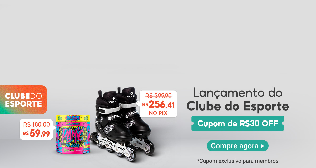 Clube do esporte. Pré treino, de 180 por 59 e 99. Patins, de 399 e 90 por 256 e 41 no pix. Lançamento do clube do esporte. Cupom de até 30 reais off. Compre agora. Cupom exclusivo para membros.