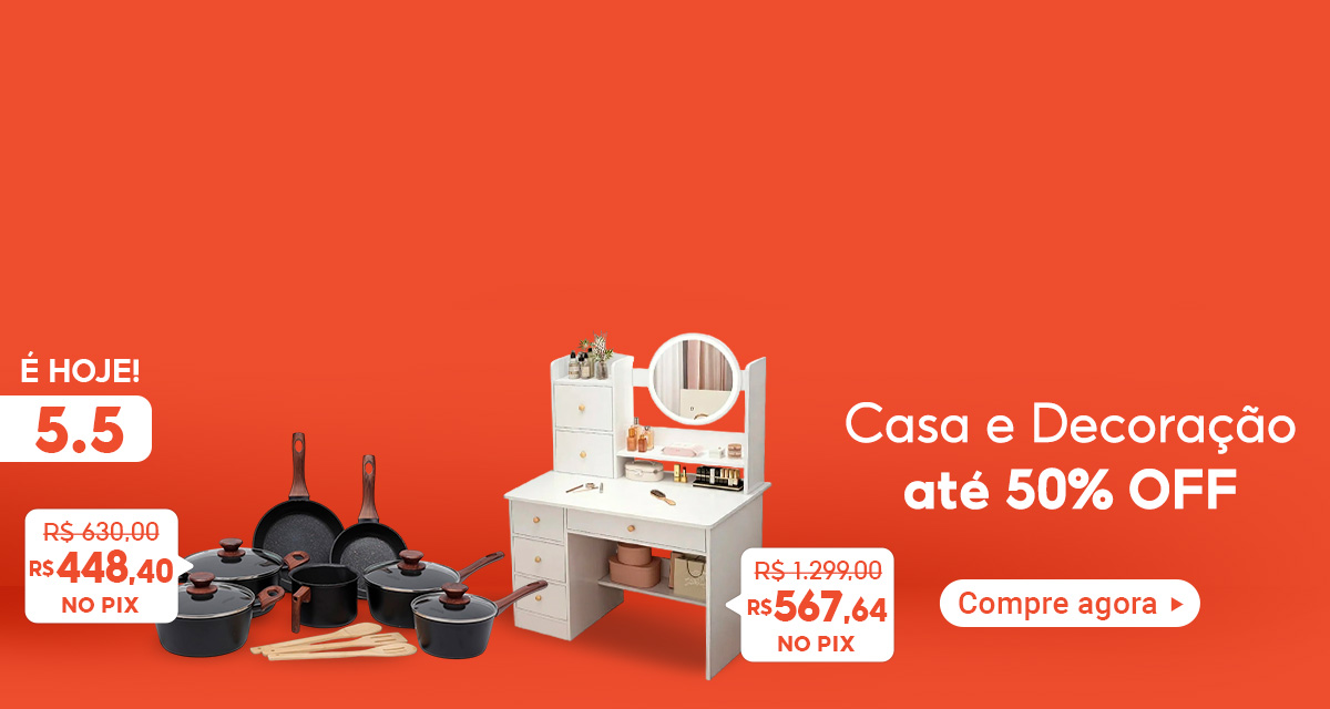 é hoje 5 do 5. casa e decoração até 50 por cento off. compre agora. Jogo De Panelas (BLACK) de 630 por 448,40 no pix . Penteadeira de quarto (Espelho redondo branco 100cm) de 1299 por 567,64 no pix.