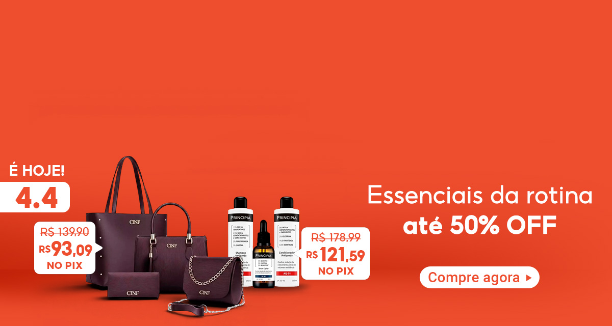 Essenciais da rotina até 50 por cento off. Kit Bolsa Feminina (Bordô). De 139,90 por 93,09 no Pix. Kit Principia. De 178,99 por 121,59 no Pix. Compre agora.