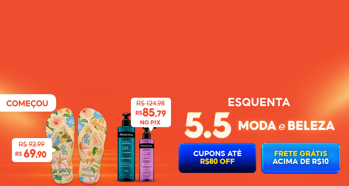 Começou! Esquenta 5 do 5 com moda e beleza. Cupons até 80 reais off e frete grátis acima de 10 reais
