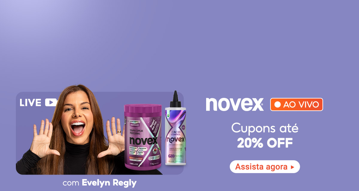 Live Novex ao vivo com Evelyn Regly. Cupons até 20 por cento off. Assista agora. 