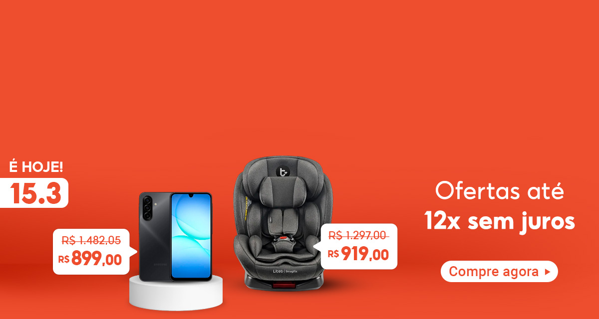 É hoje 15 do 3. Ofertas até 12 vezes sem juros. Compre agora. Smartphone Samsung Galaxy de 1.482,05 reais por 899 reais. Cadeira Para Auto de 1.297 reais por 919 reais. 