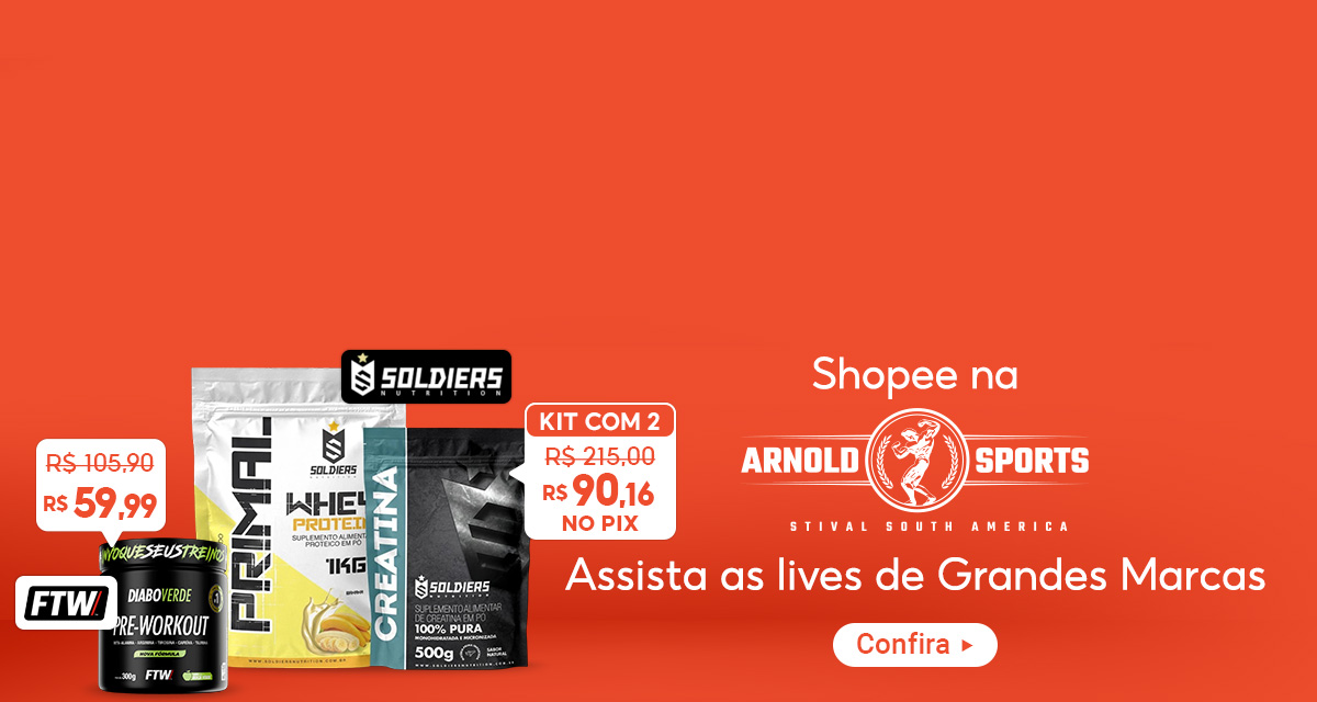 Shopee na Arnold Sports. Assista as lives de Grandes Marcas. Pré Treino Diabo Verde por 59 reais e 99 centavos. Kit com Whey + Creatina Soldiers por 90 reais e 16 centavos no pix. Confira!