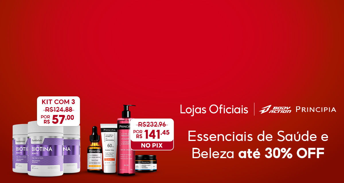 lojas oficiais. essenciais de saúde e beleza até 30 por cento off. Kit com 3 Biotina Beauty Premium de 124 reais e 88 centavos por 57 reais. Principia Kit Essencial de 232 reais e 96 centavos por 141 reais e 45 centavos no pix. 