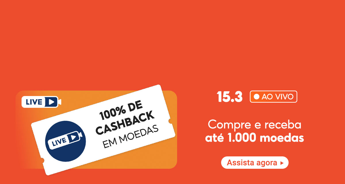 Live 15 do 3 ao vivo. Live 100 por cento de cashback em moedas. Compre e receba até mil moedas. Assista agora. 