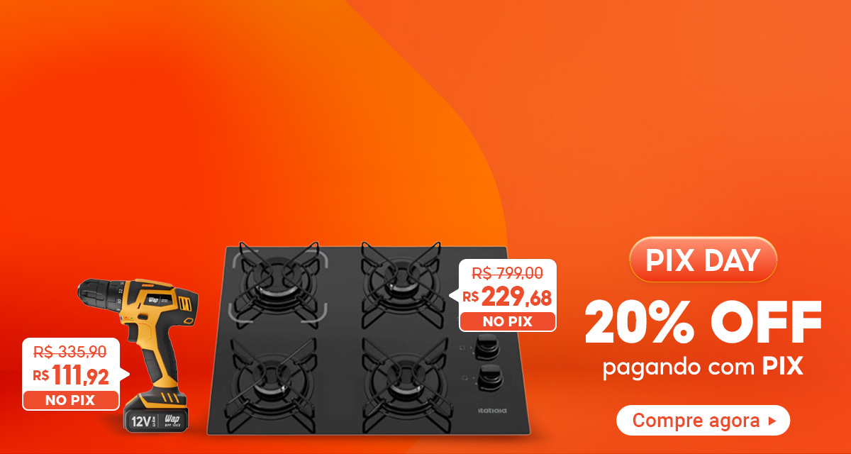 Pix Day. 20% OFF pagando com PIX. Parafusadeira de 335.90 Por: 111,92 no Pix. Cooktop de 799,00 Por 229,68 no Pix. Compre agora.