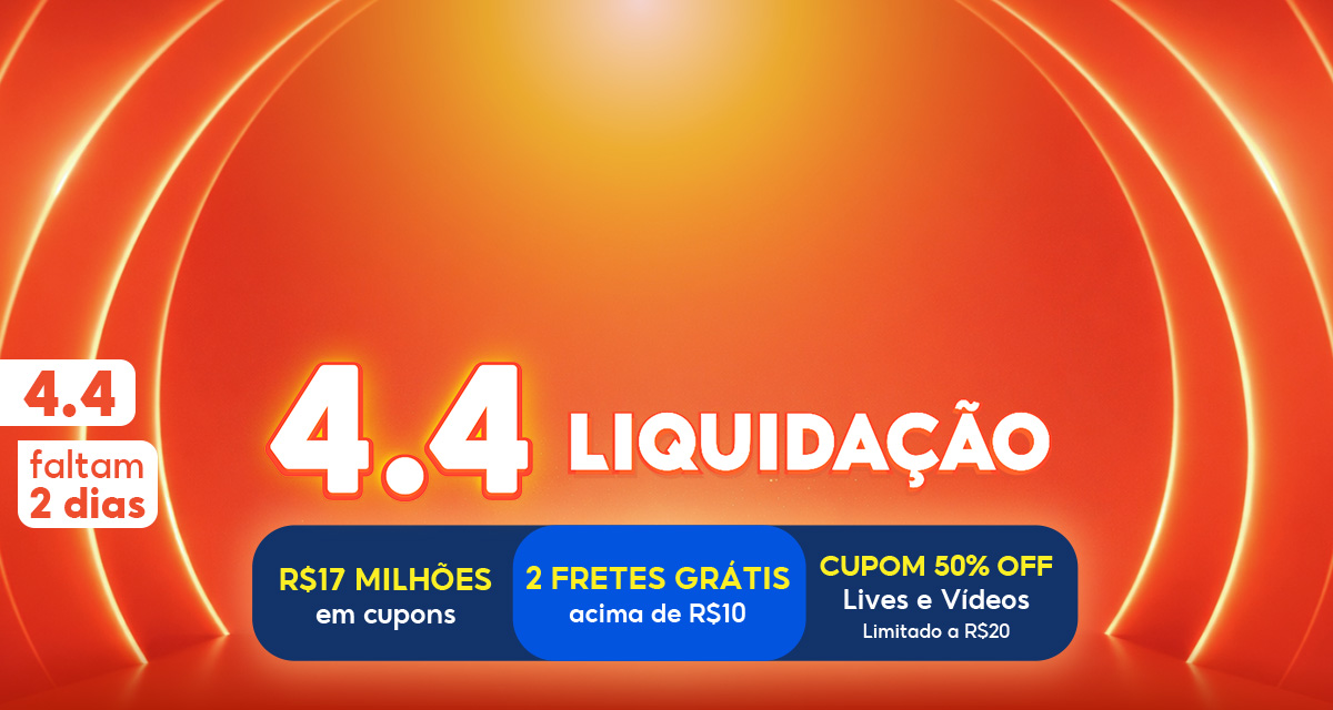 4 do 4 faltam 2 dias. 4 do 4 liquidação. 17 milhões de reais em cupons. 2 fretes grátis acima de 10 reais. Cupom 50 por cento off em videos e lives limitado a 20 reais. 