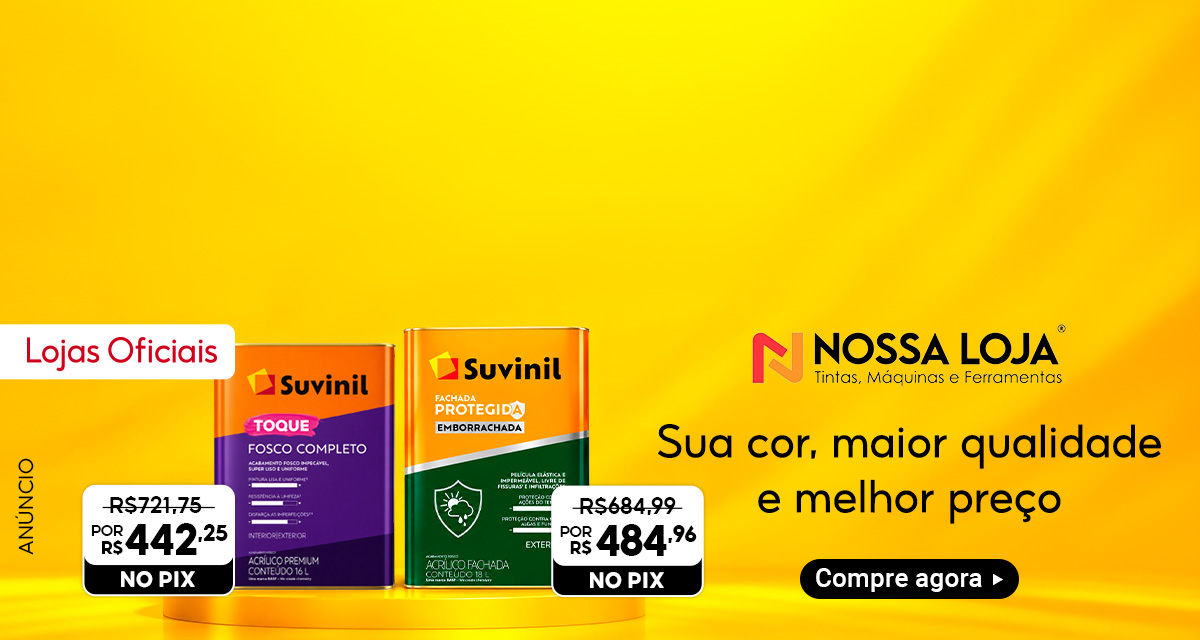 Lojas Oficiais, Nossa Loja, Tintas, Máquinas e Ferramentas, Sua cor, maior qualidade e melhor preço, compre agora Suvinil toque Fosco de R$721,75 por R$442,25 no pix e  Tinta Fachada protegida de R$684,99 por R$484,96 no pix