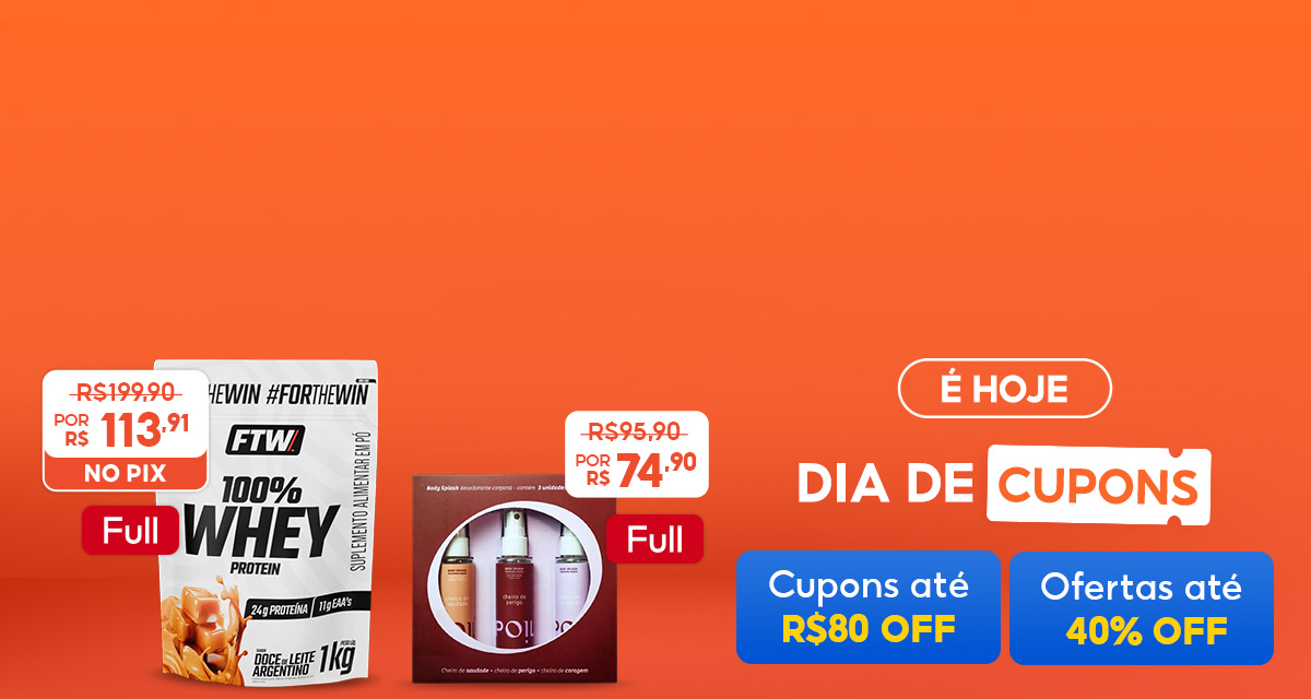 É hoje! Dia de cupons. Cupons até 80 reais off e ofertas até 40 por cento off. Full. Kit mini body splash De 95,90 Por 74,90. Whey protein De 199,90 Por 113,91 no pix.