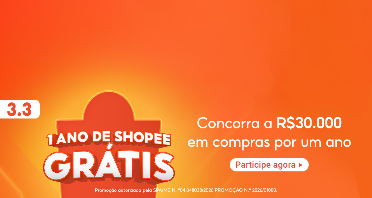 3 do 3. 1 ano de shopee grátis. concorra a 30 mil reais em compras por um ano. participe agora. promoção autorizada pela spa/me nº04048038/2026. promoção nº 2026/01000