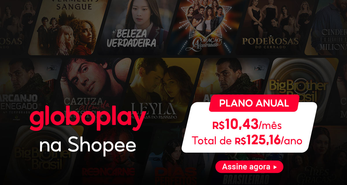 Globoplay na Shopee. Plano anual. R$10,43 por mês. Total de R$125,16 no ano. Assine agora.
