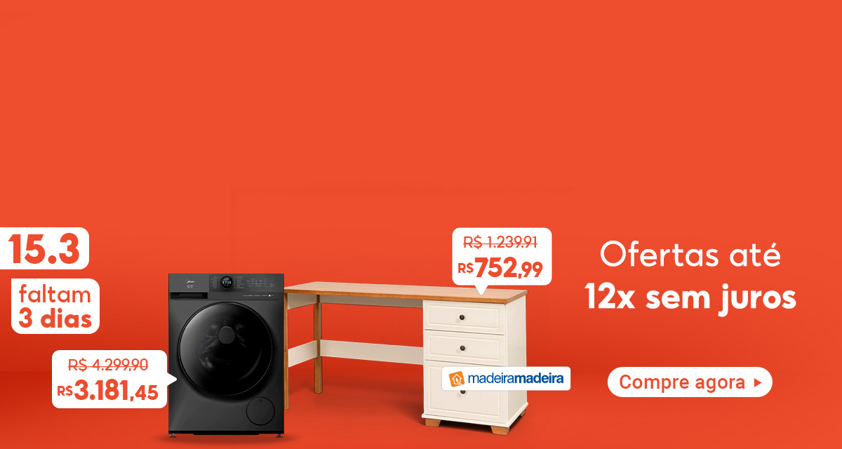 15 do 3. Faltam 3 dias. Ofertas até 12 vezes sem juros. Compre agora. Escrivaninha Mesa Escritório De 1.239.91 Por 752.99. Lava e Seca De 4.299,90 Por 3.181.45