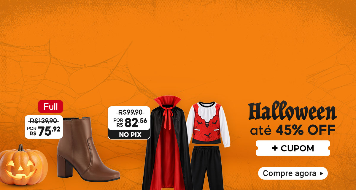 Full: Bota feminina, de 139 reais e 90 centavos por 75 reais e 92 centavos. Fantasia de vampiro, de 99 reais e 90 centavos por 82 reais e 56 centavos no Pix. Halloween até 45 por cento off mais cupom. Compre agora.