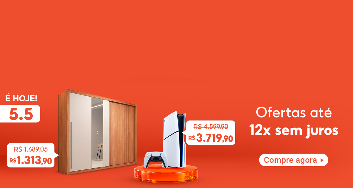 é hoje 5 do 5. ofertas até 12 vezes sem juros compre agora. Console PlayStation 5 (DISC/1TB) de 4599,90 por 3719,90. Guarda-roupa Casal Ripado de 1689,05 por 1313,90