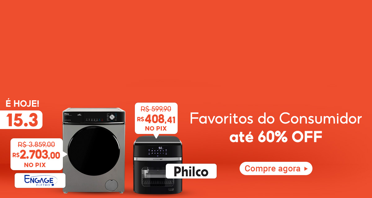 É hoje 15 do 3. Favoritos do Consumidor até 60 por cento OFF. Compre agora. Lava e Seca Philco Engage Eletro de 3.859 reais por 2.703 reais no pix. Air Fryer Philco 12 litros de 599,90 reais por 408,41 reais no pix. 