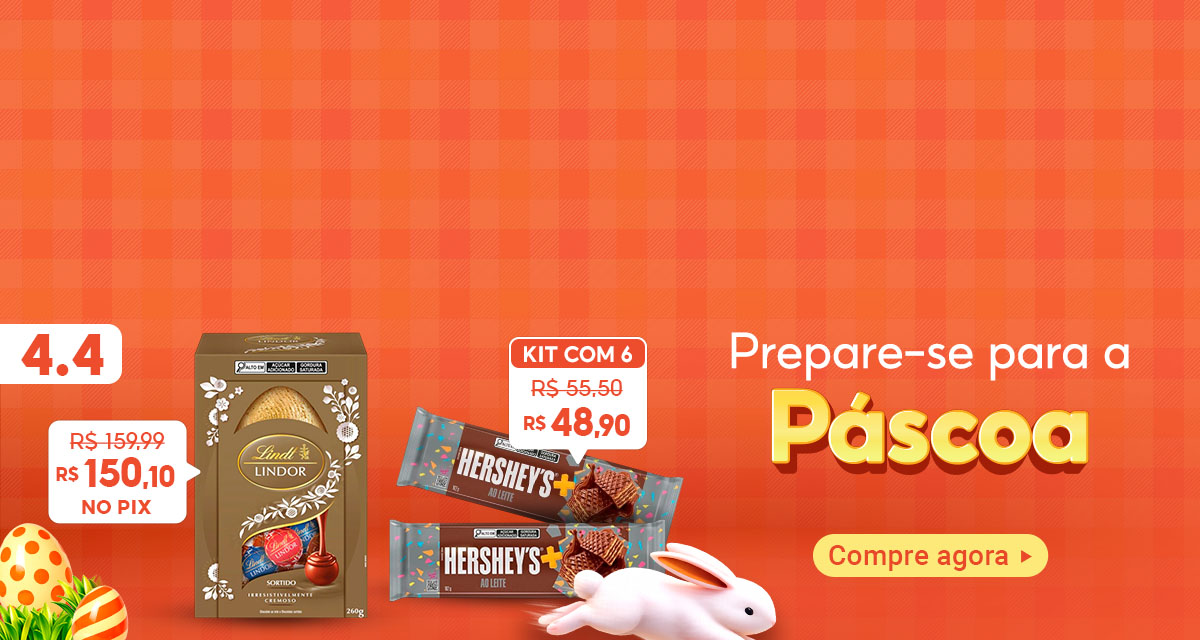 4 do 4. Prepare-se para a Páscoa. Compre agora. Ovo de Páscoa Lindt de 159,99 reais por 150,10 reais no pix. Kit com 6 barras de chocolate Hershey´s de 55,50 reais por 48,90 reais. 