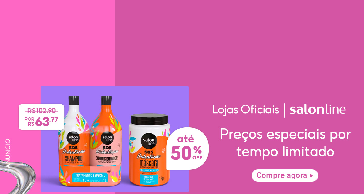 Anúncio de Lojas Oficiais Salon Line com produtos SOS Hidratação. Kit com Shampoo e Condicionador de 1 litro, e Máscara de 1 quilo. Preços especiais por tempo limitado, com até 50 por cento off. Compre agora.