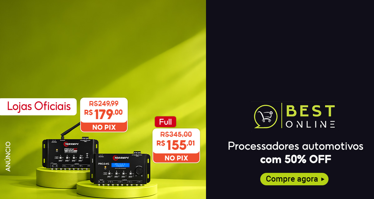 Lojas Oficiais: Processadores automotivos com 50 por cento off. Processador Taramps PRO24BT, de 249 reais e 99 centavos por 179 reais no Pix. Full: Processador Taramps PRO24S, de 345 reais por 155 reais e 1 centavo no Pix. Compre agora.