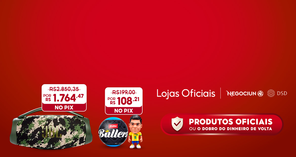 Lojas oficiais. Negocium e DSD. Caixa de Som JBL. De 2.850,35  por 1.764,47 No Pix. Boneco Surpresa FIFA. De 199 Por 108,21 no Pix. Produtos oficiais ou o dobro do dinheiro de volta