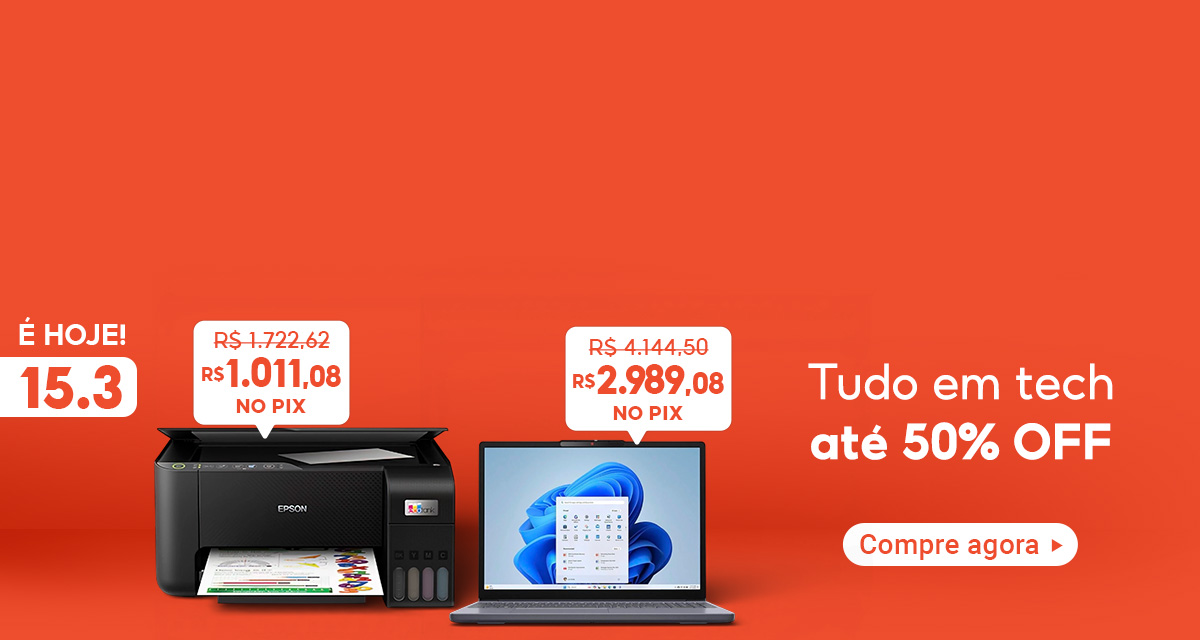 É hoje 15 do 3. Tudo em Tech até 50 por cento off. Compre agora. Impressora Multifuncional Epson de 1.722,62 reais por 1.011,08 reais no pix. Notebook Lenovo IdeaPad de 4.144,50 reais por 2.989,08 reais no pix.