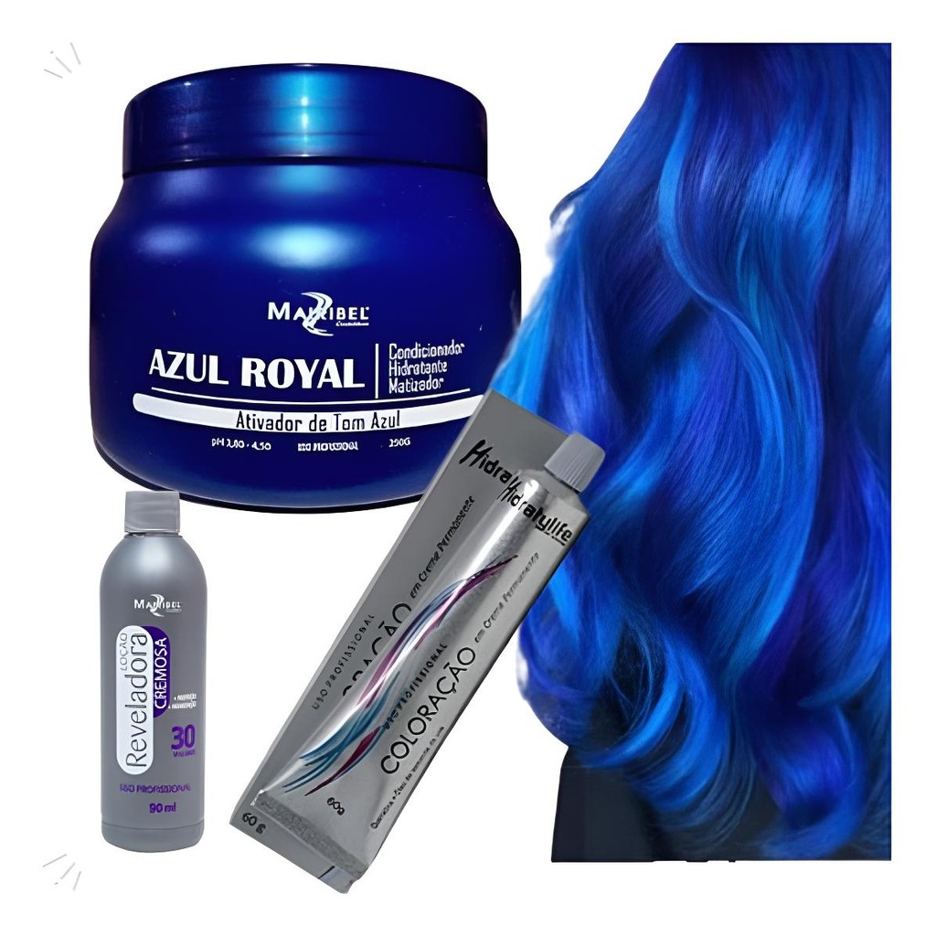 Kit Para Deixar Cabelo Cor Azul Royal 1 Coloração 1 Mascara Matiz 1 Ox ...