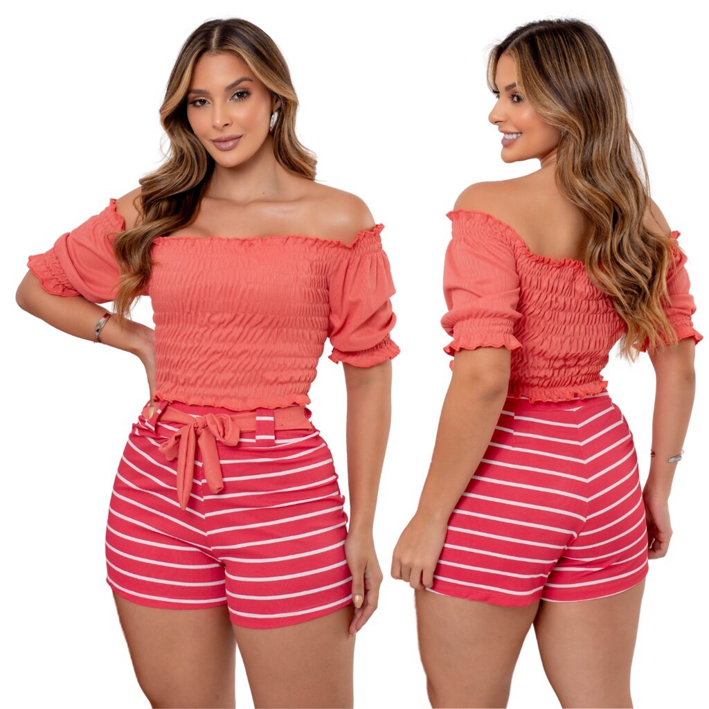 Conjunto Feminino Rosa Blusinha Com Mangas Ombro a Ombro e Short ...