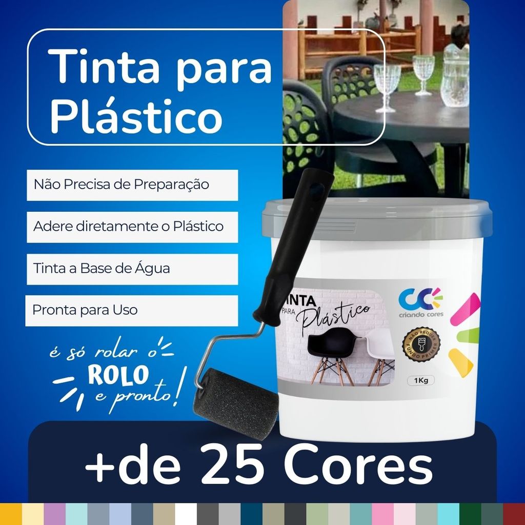 Tinta para Plástico 1Kg + ROLINHO de 5cm VÁRIAS CORES Sem Primer Fácil ...