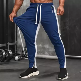 Calça Jogger Masculina Zíper Tornozelo Faixa Lateral Contrastante Elástica Confortável para Academia Treino e Uso Diário