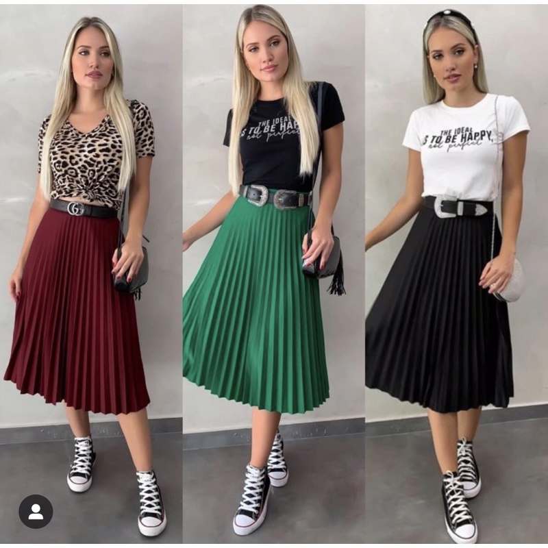 saía míd plissada chic moda verão ,com forro lisa