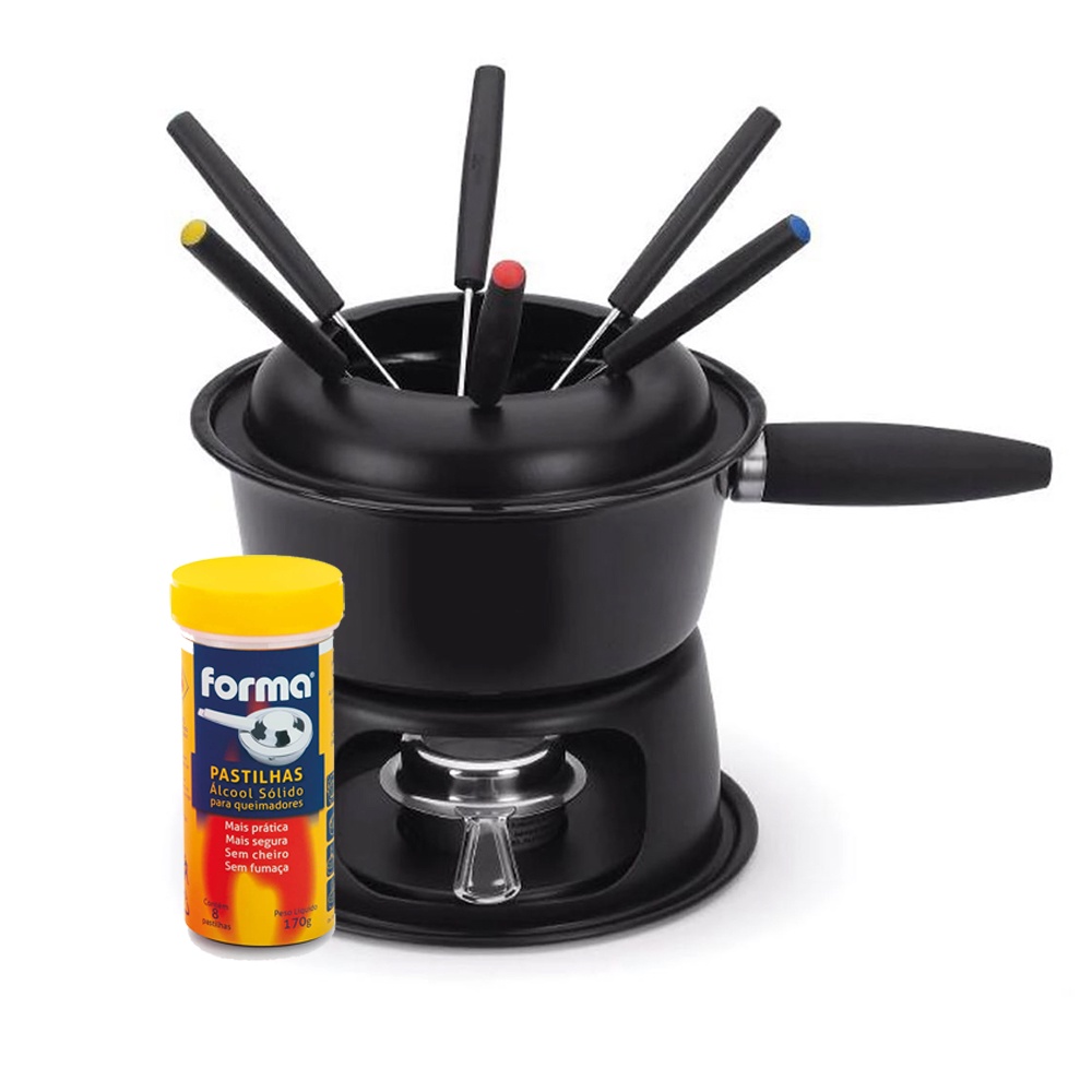 Serviço Fondue 11 Peças Preto Panela Esmaltada + Acendedores