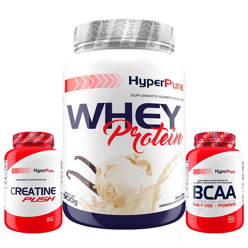 Kit Whey Protein 900g + BCAA 100g Sabor Tangerina + Creatina Push 100g – Hyperpure Kit potencializador de resultados