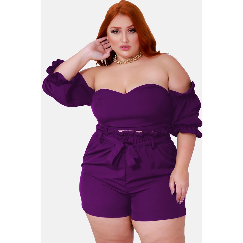 Conjunto Blusa Cropped e Shorts Cintura Alta Plus Size - Moda Plus