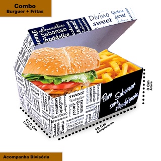 Kit Embalagem Combo para Hambúrguer + Fritas - 50 Unid. Com Divisória