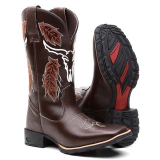 Bota Botina Texana Masculina Country Bico Quadrado Em Couro Cara De Boi Café