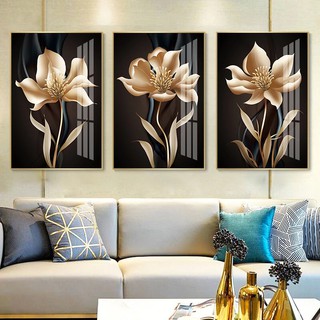 Kit Quadros Decorativos 3 peças 60x40 sala quarto Flor Dourada Orquidea Marrom