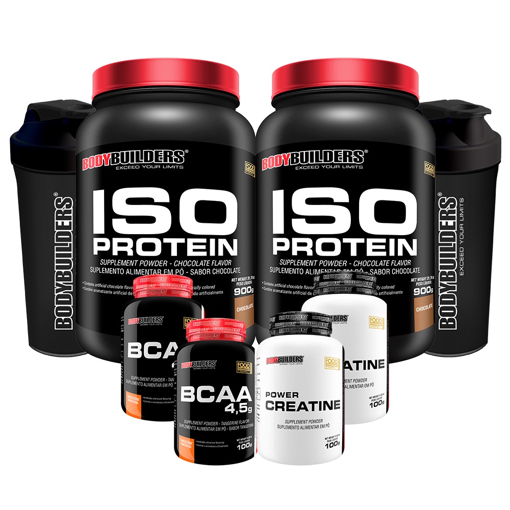 Kit 2x Whey Protein Iso Protein 900g, 2x BCAA 4.5 100g, 2x Power Creatina 100g, 2x Coqueteleira – Bodybuilders Kit de suplementos em pó para melhora de perfomance