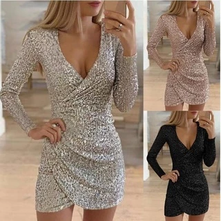 Vestido Bodycon Feminino De Mangas Compridas Com Glitter E Decote Em V De Cor Lisa Lantejoulas
