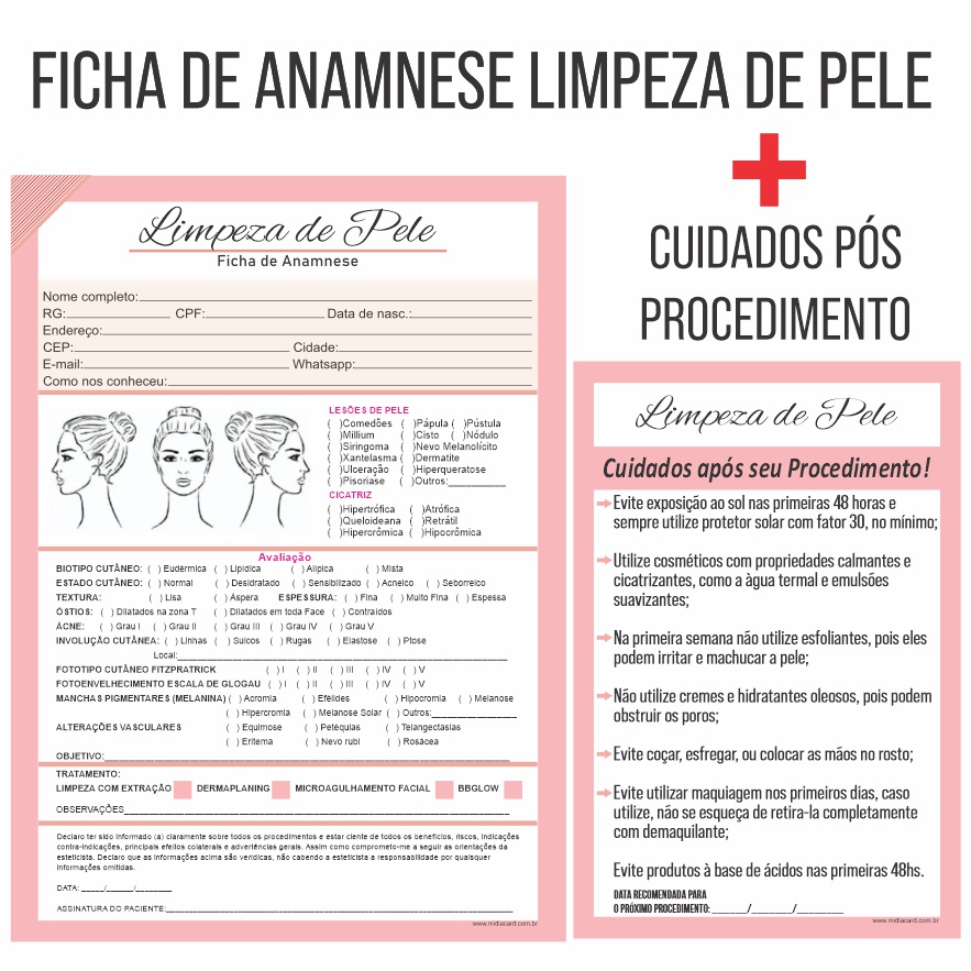 Kit Ficha de Anamnese Limpeza de Pele + Cuidados Pós Procedimento com 100  folhas cada
